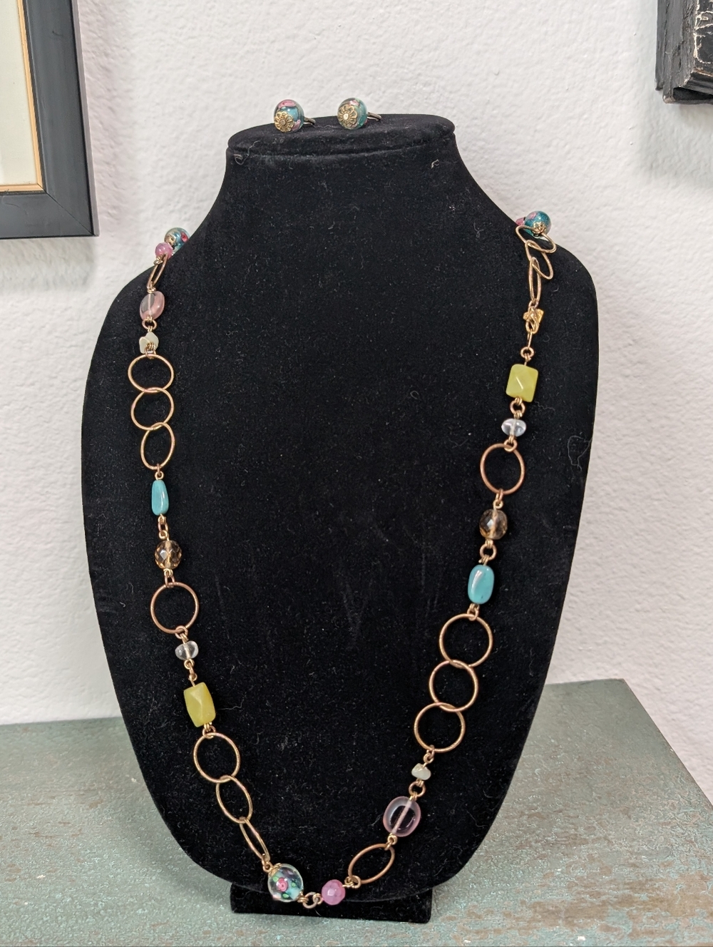 Vintage Cookie Lee Gold Tone Beaded Roses Open Link Necklace & Earrings Set